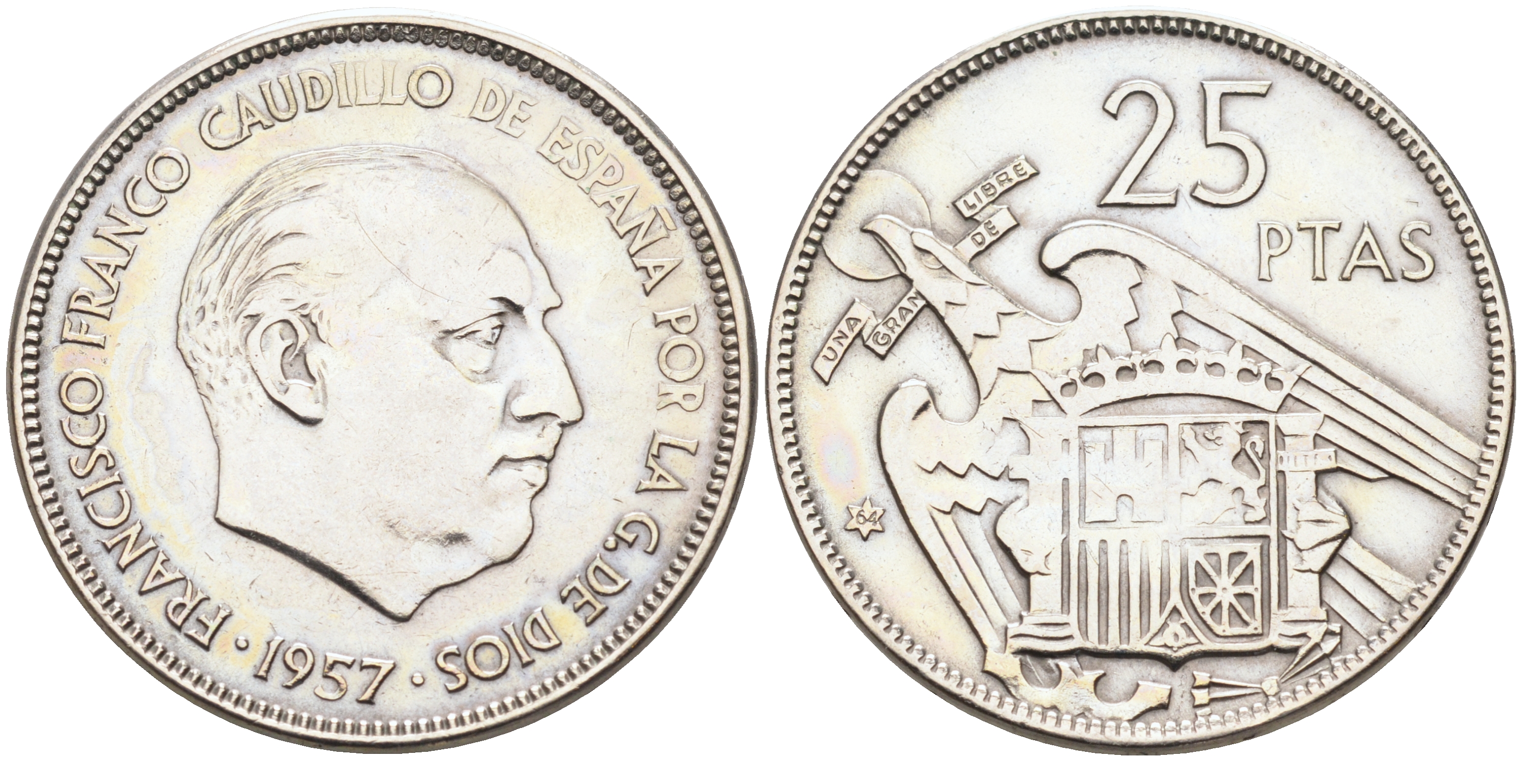 ИСПАНИЯ 25 ПЕСЕТ 1957 (64) ФРАНСИСКО ФРАНКО ДИКТАТОР ИСПАНИИ (1939-1975) KM 787 медно-никель 4589-135