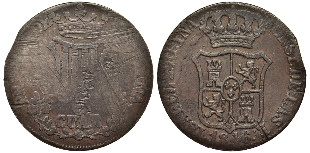 ИСПАНИЯ КАТАЛОНИЯ 6 КВАРТ 1846 QUARTOS KM 128 медь 1521-1611