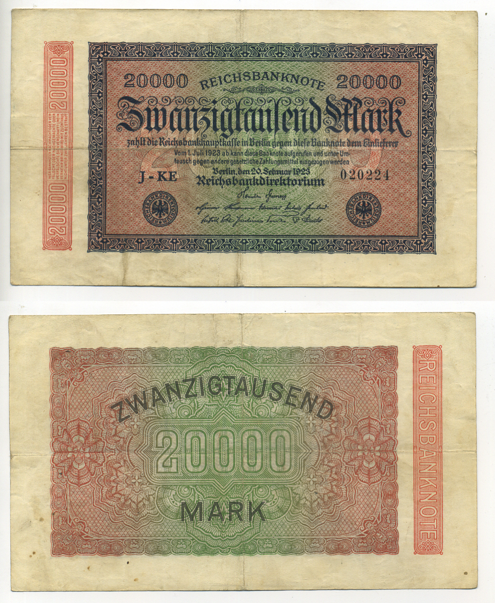 ГЕРМАНИЯ 20000 МАРОК 1923 20 ФЕВРАЛЯ 1923, ВОДЯНОЙ ЗНАК L Pick 85a бумага 6317-17-3