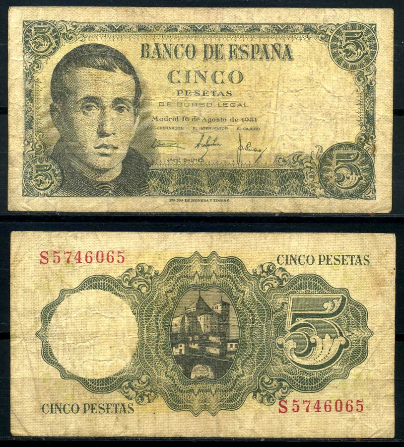 Испания 5 песет 1951 16 августа 1951, Хаиме Лусиано Бальмес Pick 140а бумага 7203-41-2-2