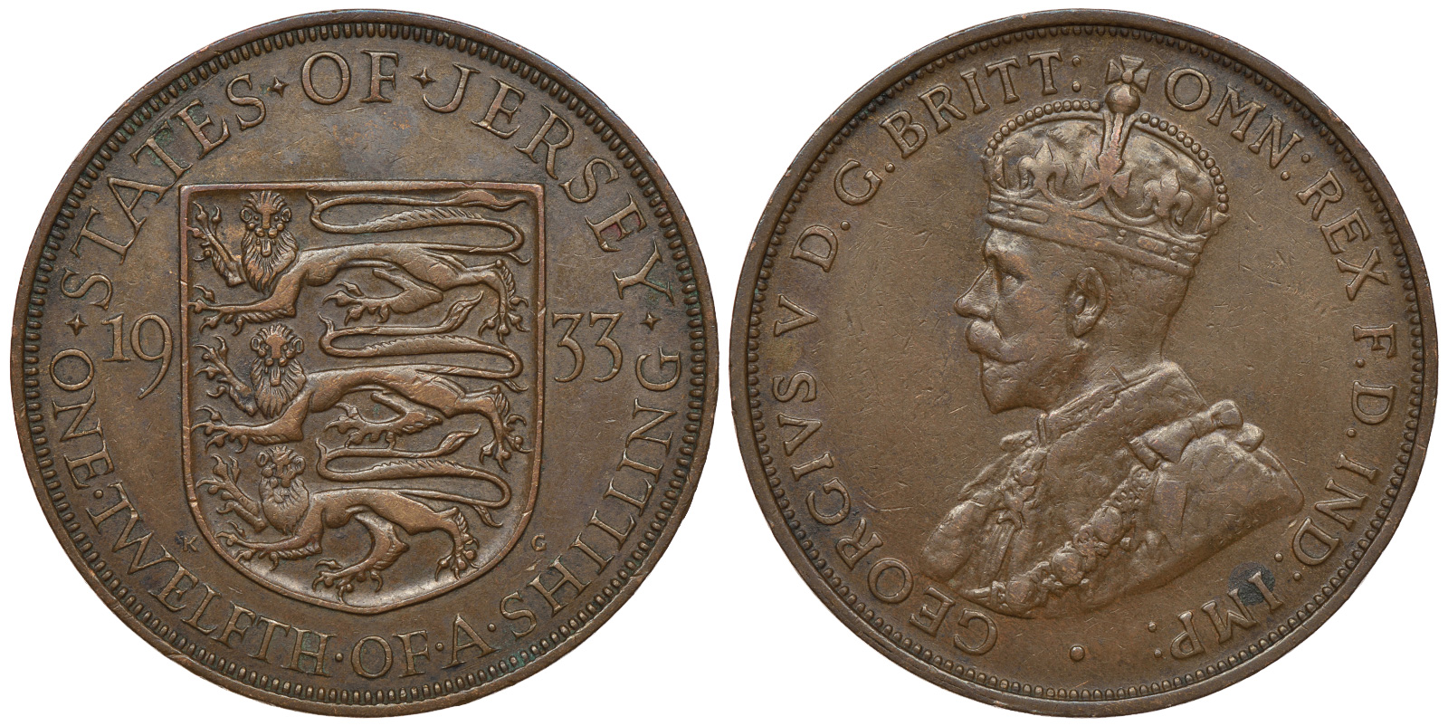 Джерси 1/12 шиллинга 1933 Георг V (1910-1936) KM 16 бронза 4383-645