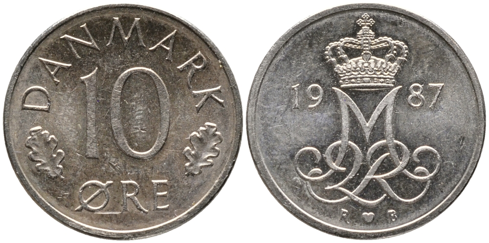 Дания 10 эре 1987 R; B, Маргрете  II (1972-2024) KM 860.3 медно-никель 100-727