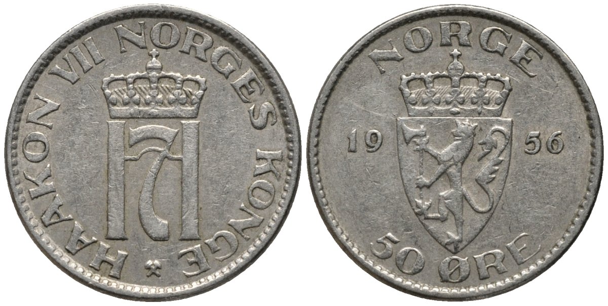 Норвегия 50 эре 1956 Хокон VII (1905-1957) KM 402 медно-никель 4577-751