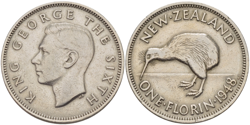 Новая Зеландия 1 флорин 1948 Георг VI (1937-1952), птичка киви, первый год KM 18 медно-никель 38-222