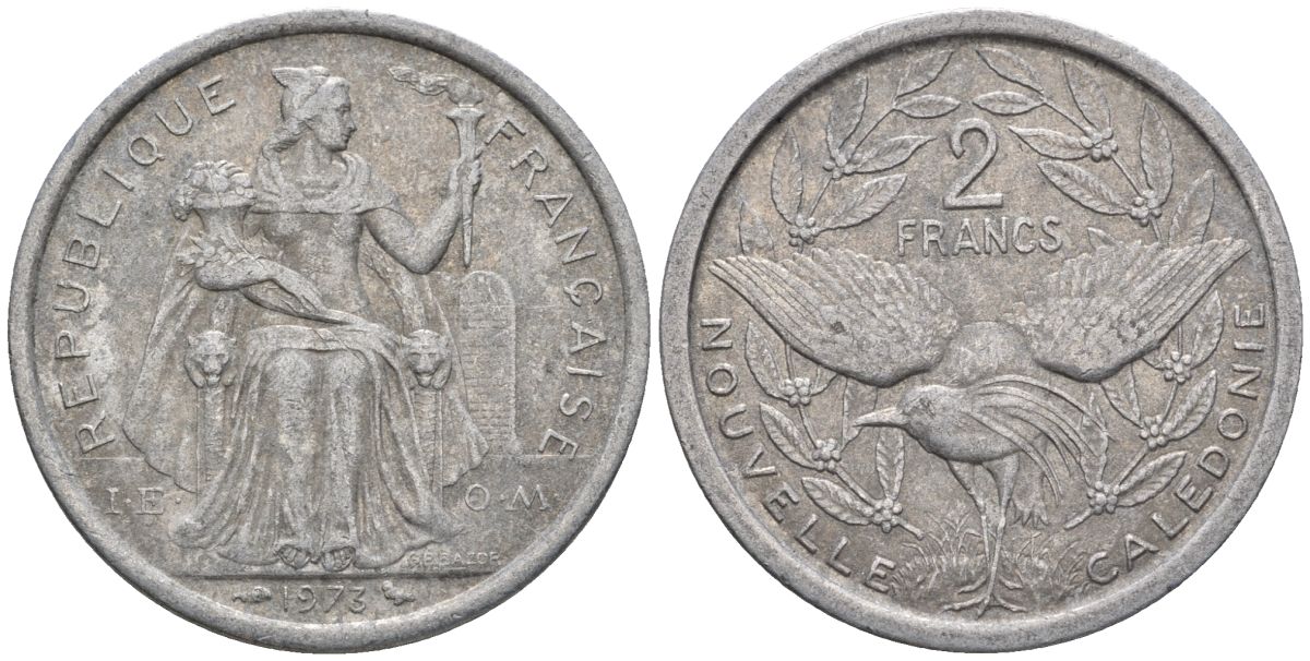Французская Новая Каледония 2 франка 1973 птица кагу, (IEOM) KM 14, Schoen 11, Lec 57 алюминий    08-614