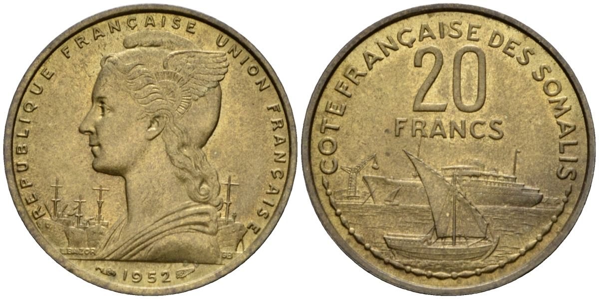 Французское Сомали 20 франков 1952 KM 7 алюминиевая бронза UNC 3711-122