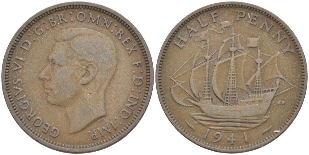 Великобритания 1/2 пенни 1941 Георг VI (1936-1952) KM 844, Spink 4115 бронза 4538-825