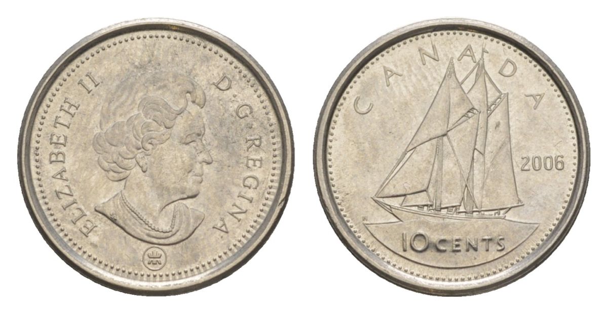 Канада 10 центов 2006 Leaf, Елизавета II (1952-2022), парусник KM 492 сталь плакированная никелем UNC 4630-859