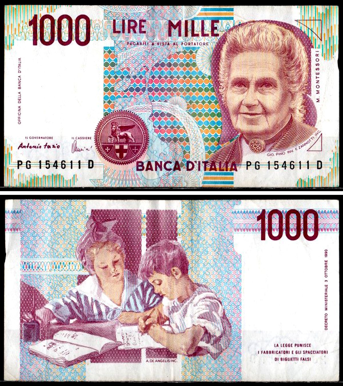 Италия 1000 лир 1990 Pick 114 c бумага 6281-54-4-1