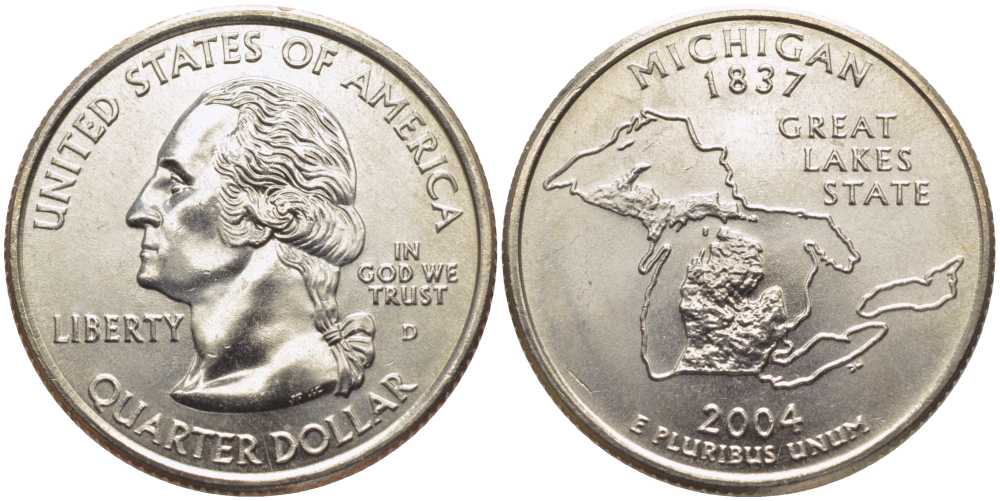 США 25 центов = квотер 2004 D, серия штаты США, Мичиган KM 355 медь плакированная медно-никелем UNC M50-02