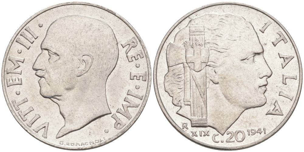 ИТАЛИЯ 20 ЧЕНТЕЗИМО 1941 R, ГОД XIX, ВИКТОР ЭММАНУИЛ III (1900-1946) KM 75b, VEM3. 1028 нержавеющая сталь 3853-635