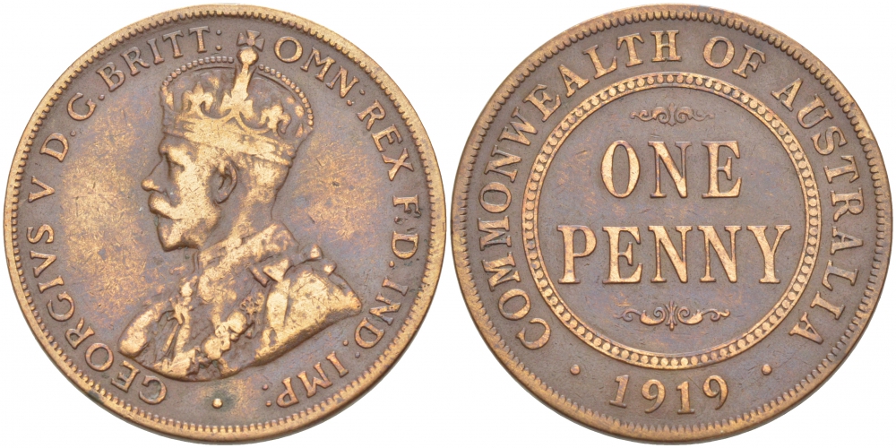 АВСТРАЛИЯ 1 ПЕННИ 1919 ГЕОРГ V KM 23 бронза 4403-916