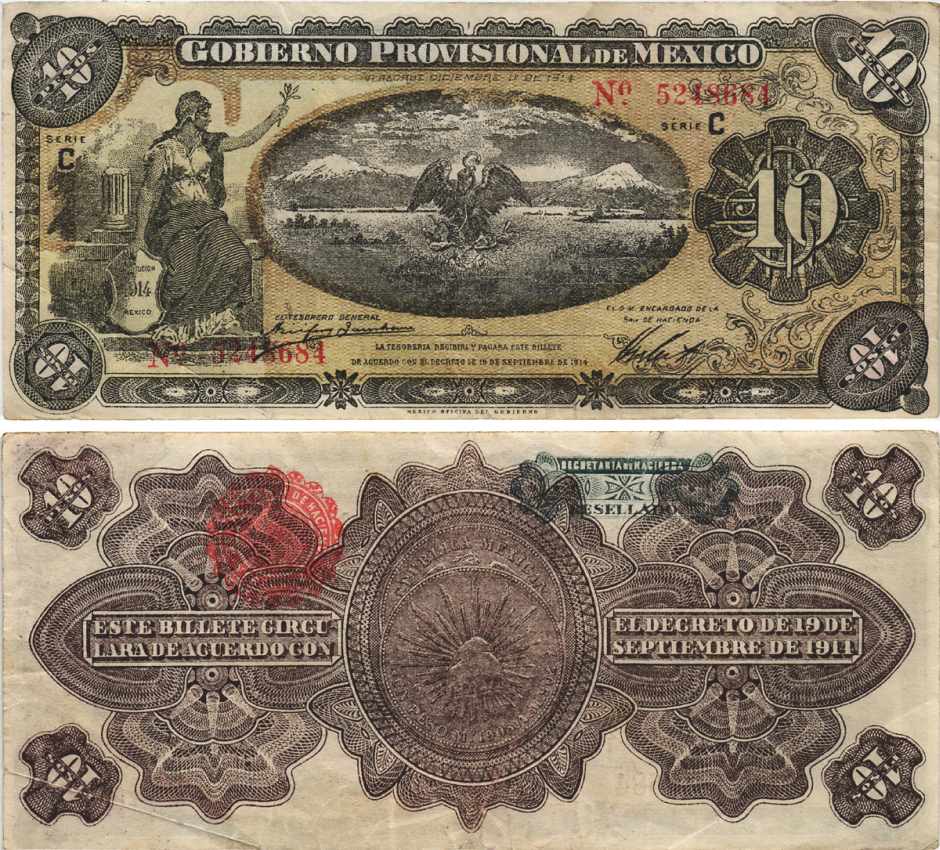Мексика, Революция 10 песо 1914 Переходное правительство Мексики, штат Веракруз Pick S1107a бумага 3295-11-2
