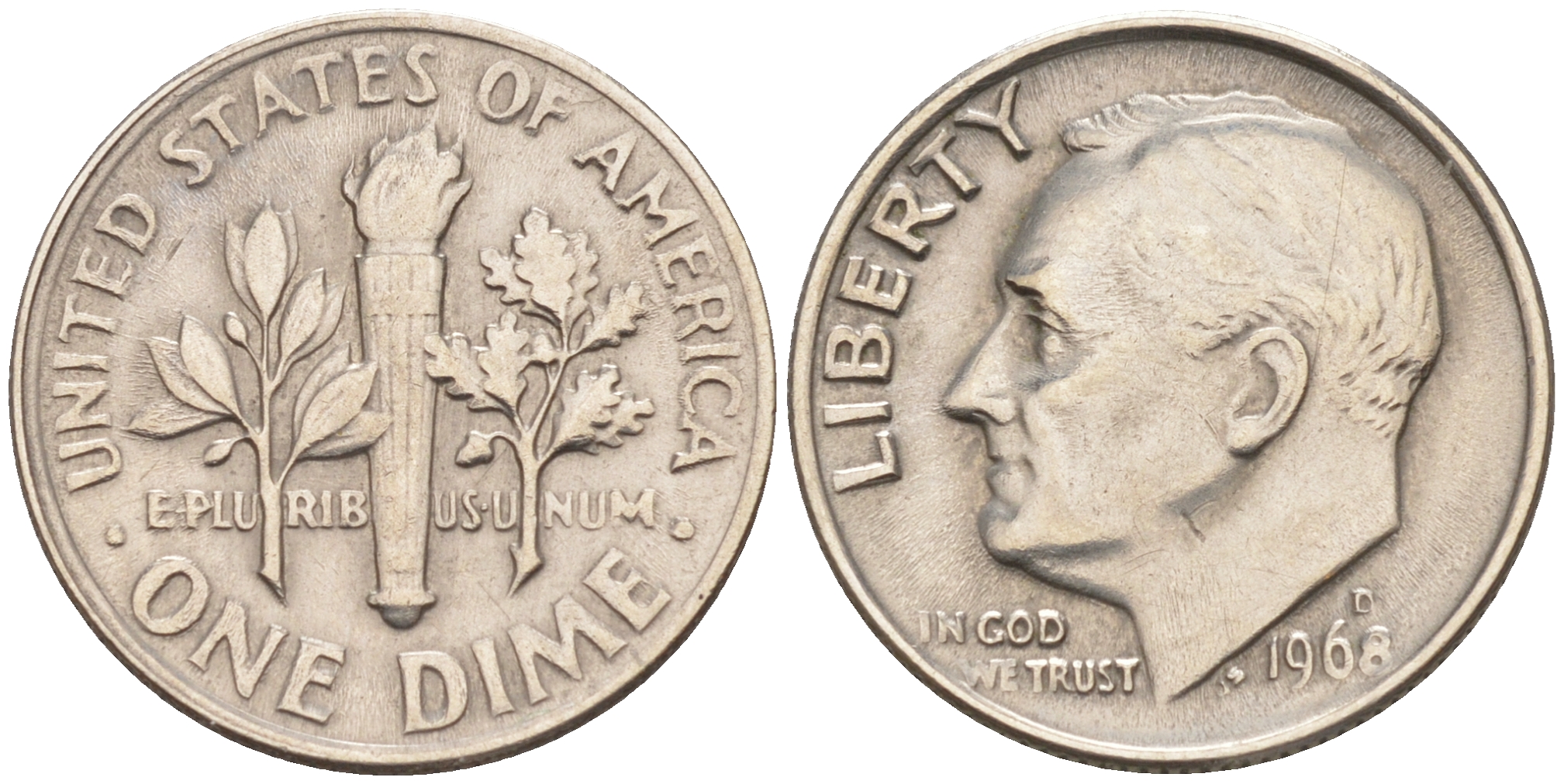 США 10 ЦЕНТОВ = 1 ДАЙМ 1968 D, РУЗВЕЛЬТ KM 195a медь плакированная медно-никелем 188-416