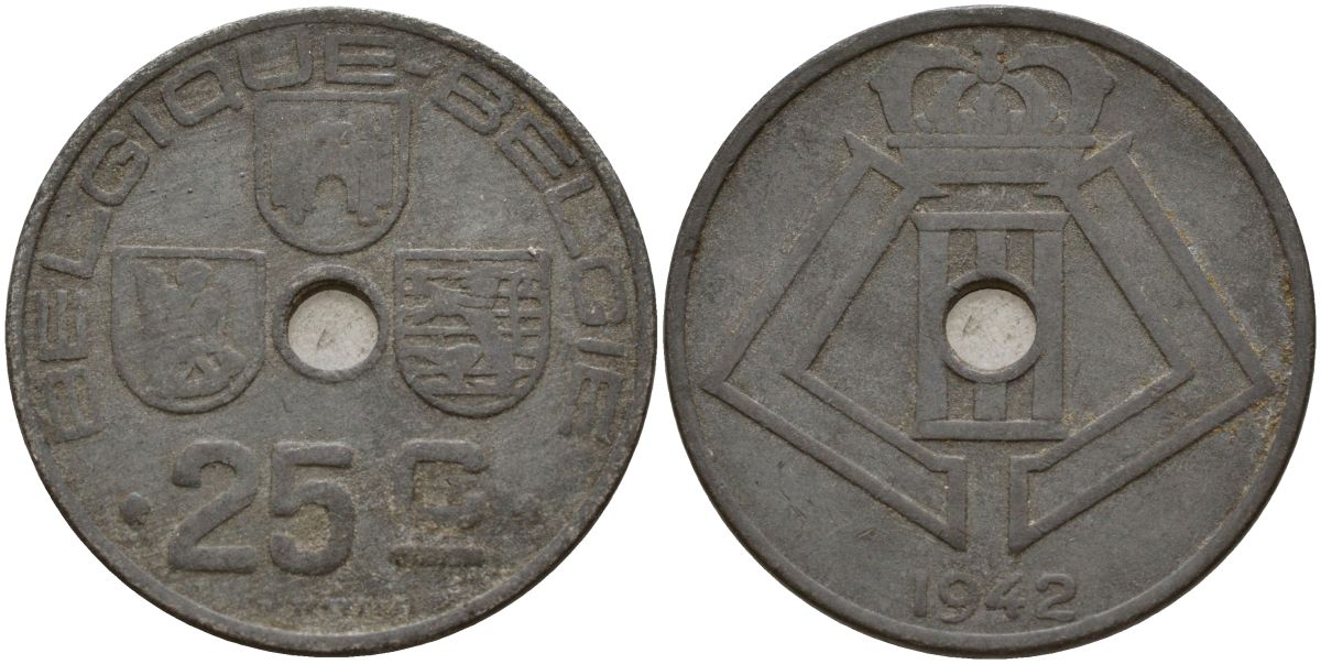 Бельгия 25 сантимов 1942 Belgique - Belgie, германская оккупация, вторая мировая война KM 131 цинк 4150-811
