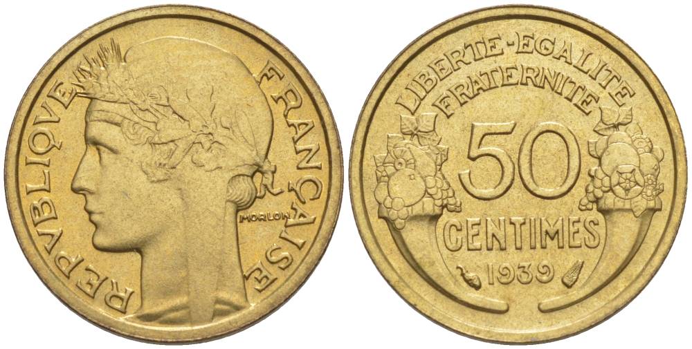 ФРАНЦИЯ 50 САНТИМОВ 1939 ТИП MORLON KM 894.1, LE FRANC 192.15 алюминиевая бронза 44-868