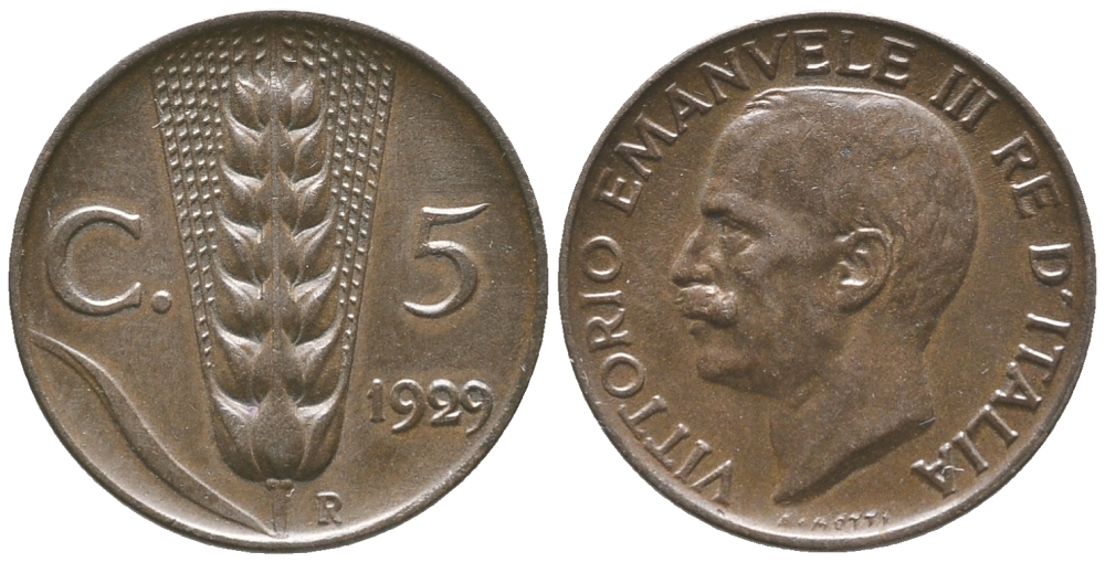 ИТАЛИЯ 5 ЧЕНТЕЗИМО 1929 R, КОЛОС, ВИКТОР ИМАНУИЛ III (1900-1946) KM 59 медь 34-247