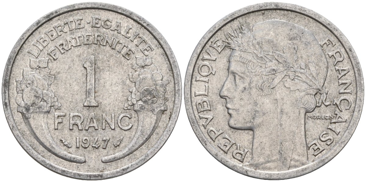 Франция 1 франк 1947 KM 885a.1 алюминий 4142-953