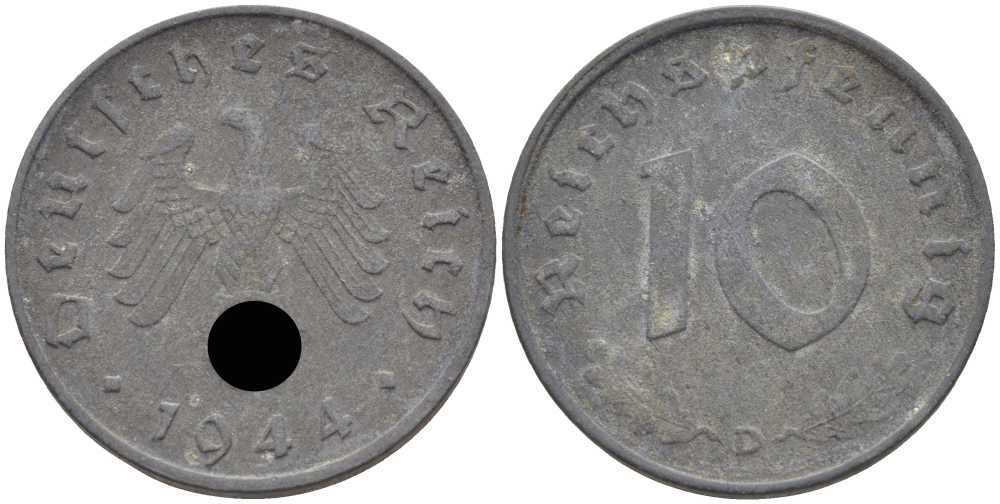 ГЕРМАНИЯ 10 РЕЙХСПФЕННИГОВ 1944 D KM 101, J. 371 цинк 4401-534