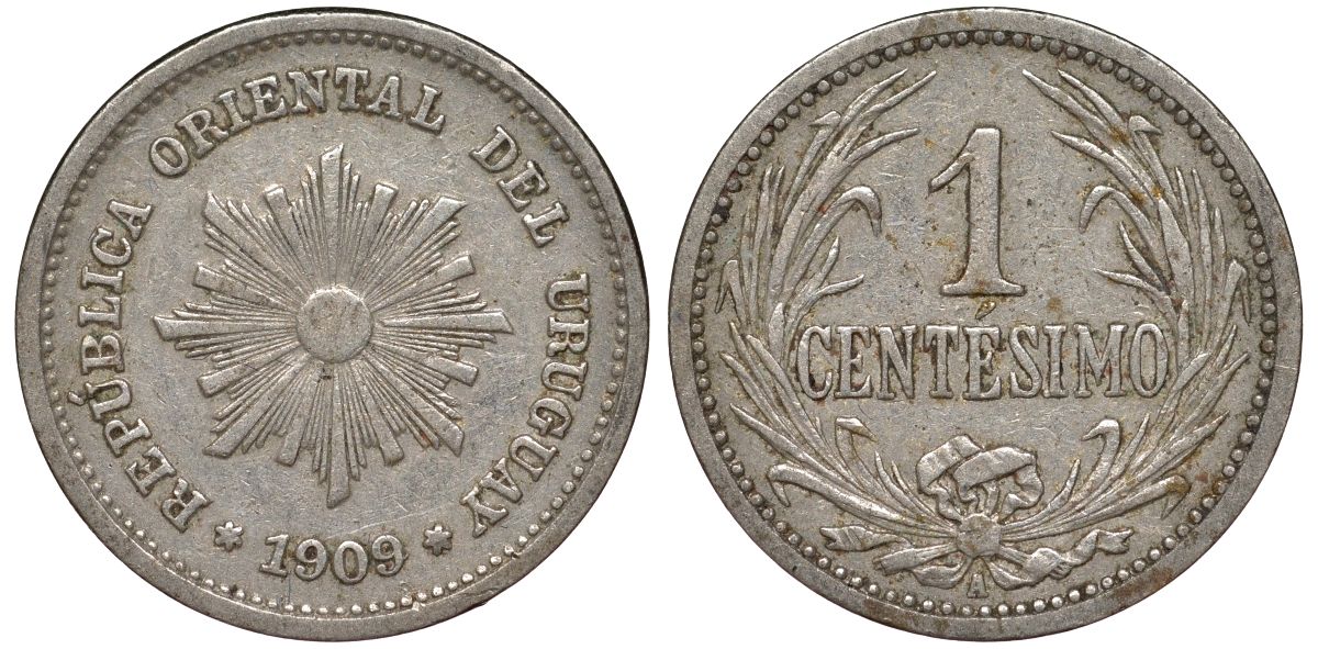 Уругвай 1 сентесимо 1909 KM 19 медно-никель 4169-621