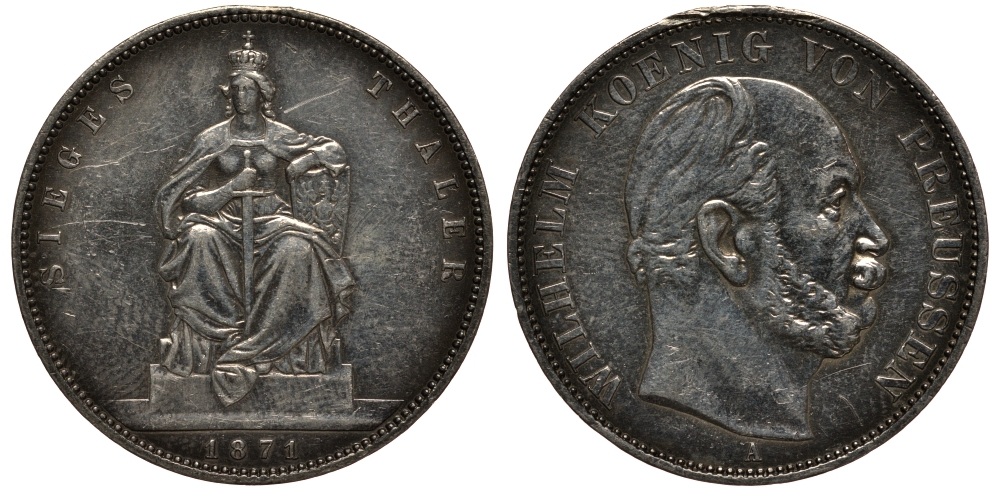 Пруссия 1 талер 1871 A, Вильгельм I (1861-1888), победа над Францией КМ 500, AKS 118, Th. 272 серебро 3711-225
