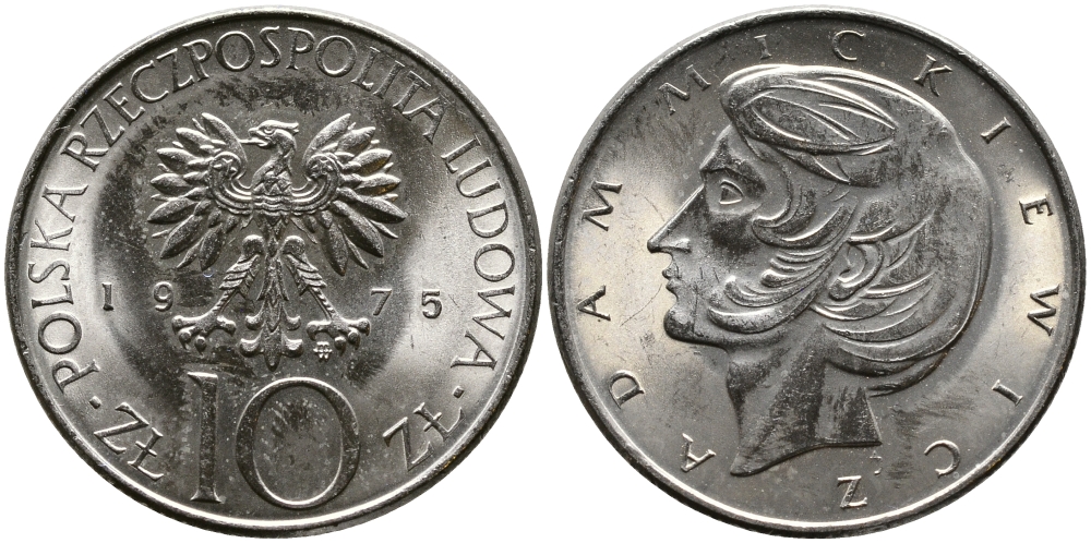 Польша 10 злотых 1975 MW, Адам Мицкевич (1798-1855) KM 74, Parchimowicz 242a медно-никель UNC 441-822
