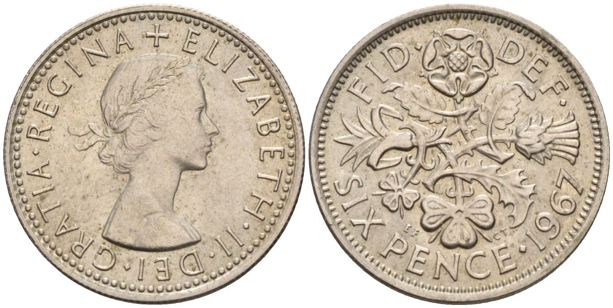 Великобритания 6 пенсов 1967 Елизавета II (1952-2022) KM 903, Spink 4149 медно-никель 4154-247