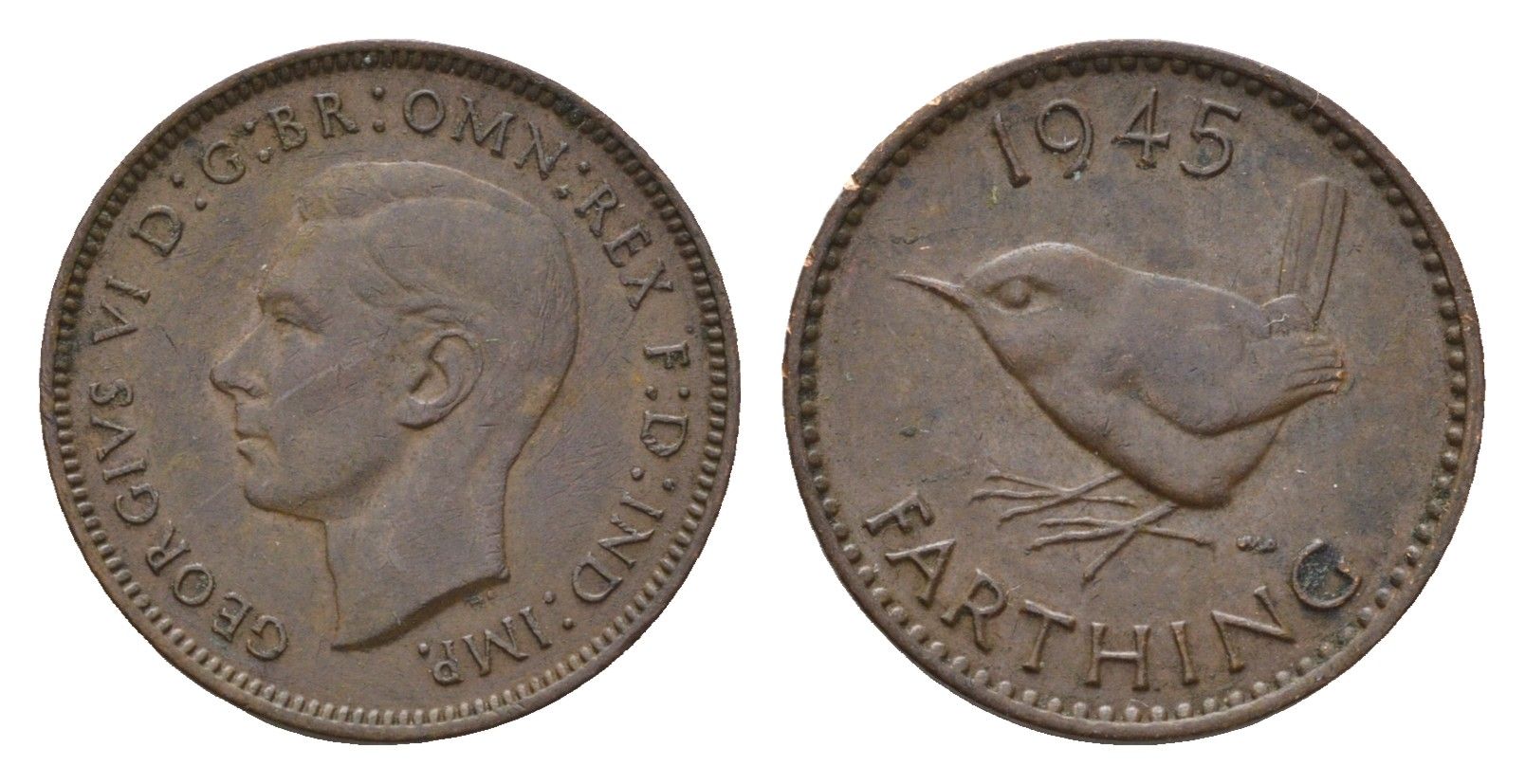 Великобритания 1 фартинг 1945 Георг VI (1936-1952) KM 843, Spink 4116 бронза 4516-1065