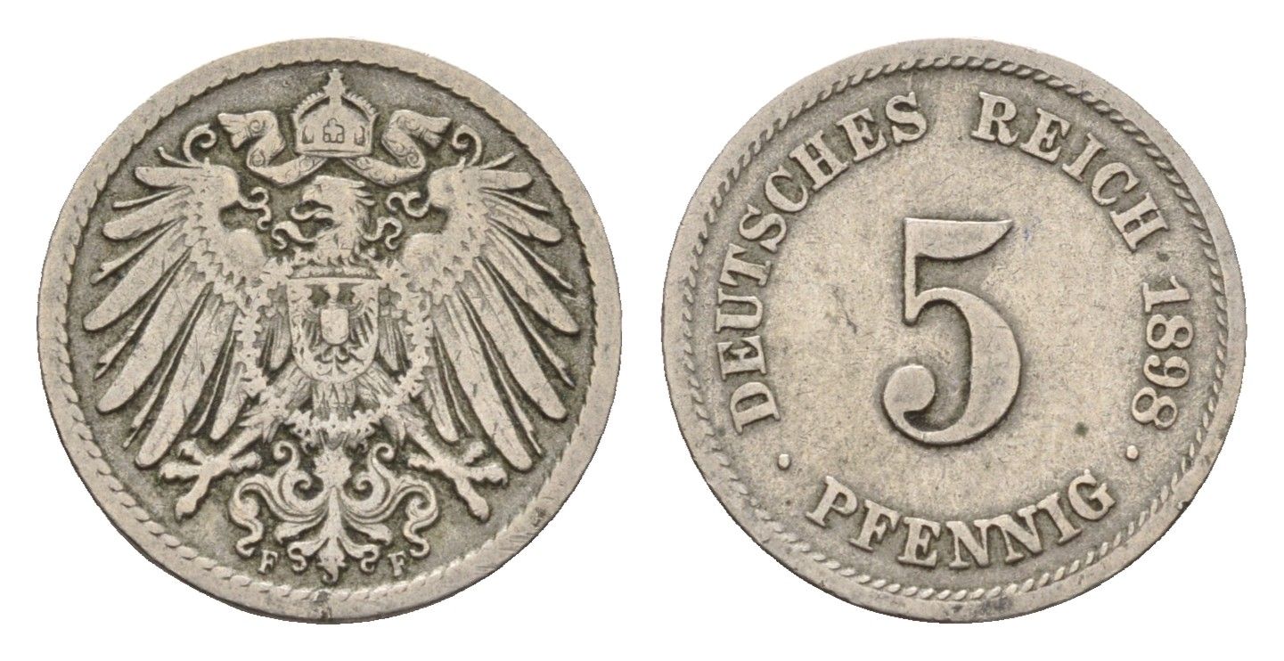 Германия 5 пфеннигов 1898 F, Вильгельм II (1888-1918) KM 11, J. 12 медно-никель 4632-1069