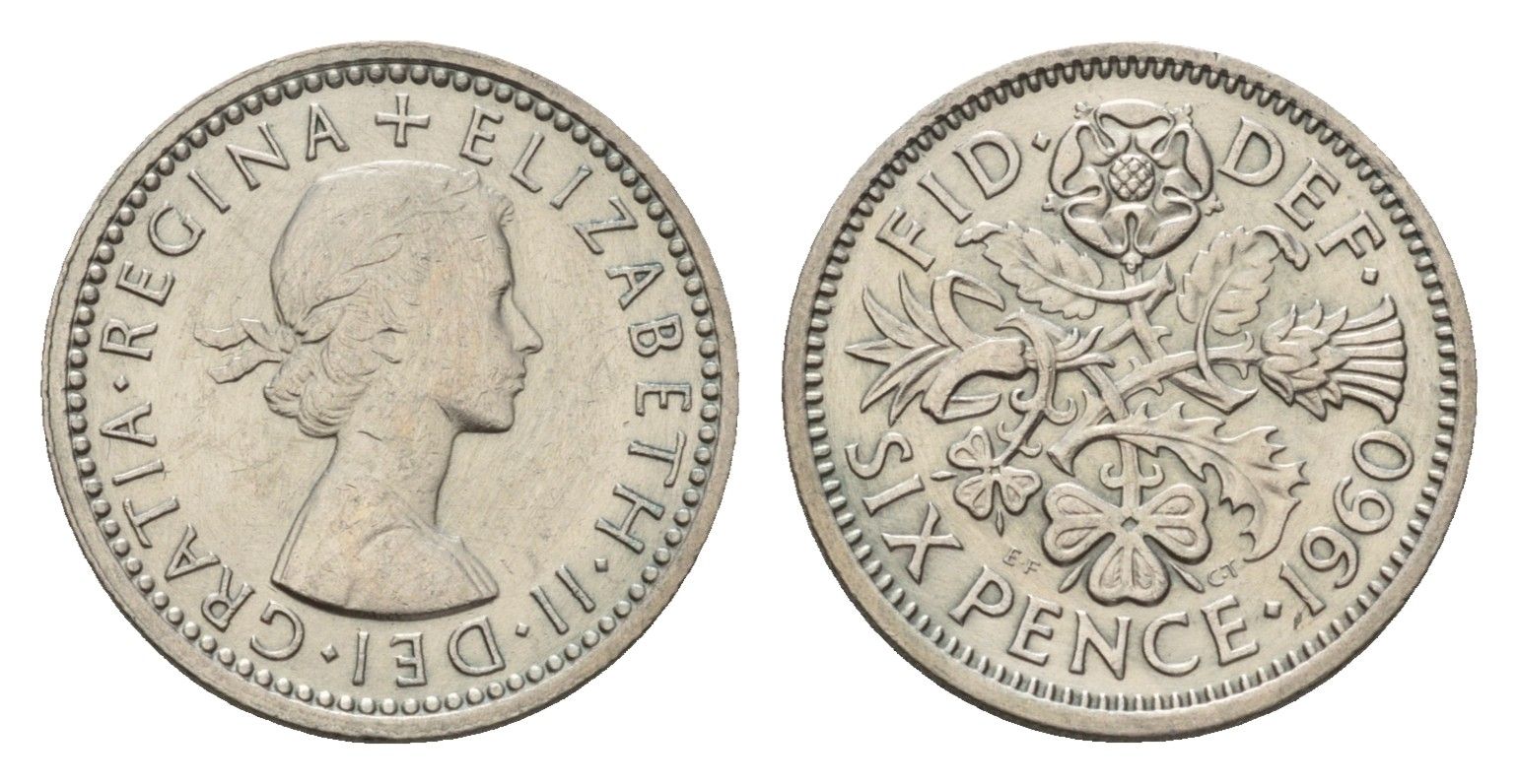 Великобритания 6 пенсов 1960 Елизавета II (1952-2022) KM 903, Spink 4149 медно-никель 4651-1163