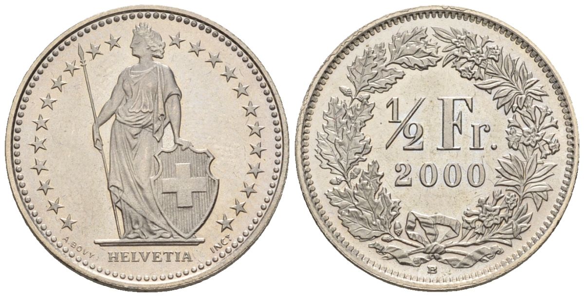 Швейцария 1/2 франка 2000 B HMZ 2.1206, Divo/Tob19.309a, KM 23a, Schoen 27a, Schoen 57 медно-никель UNC 4516-229