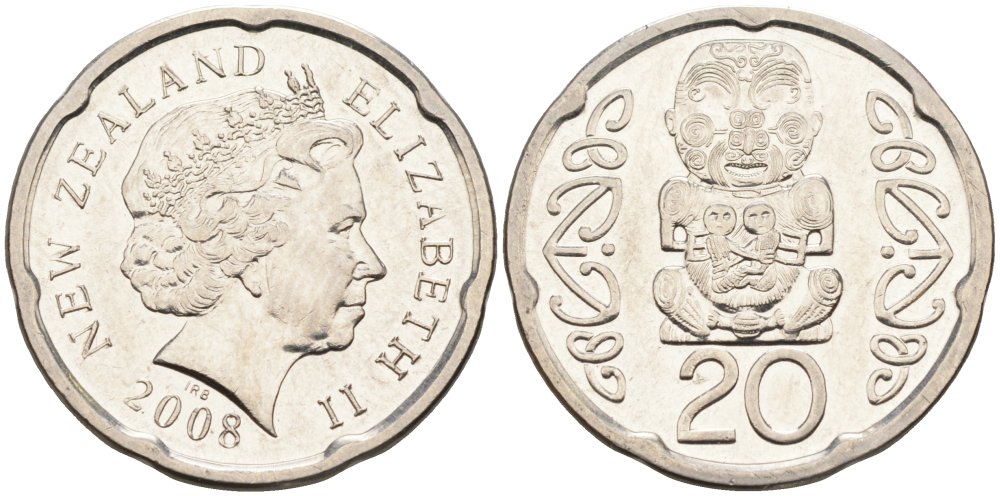 Новая Зеландия 20 центов 2008 Елизавета II (1952-2022), идол Пукаки KM 118а никелированная сталь 4579-1157