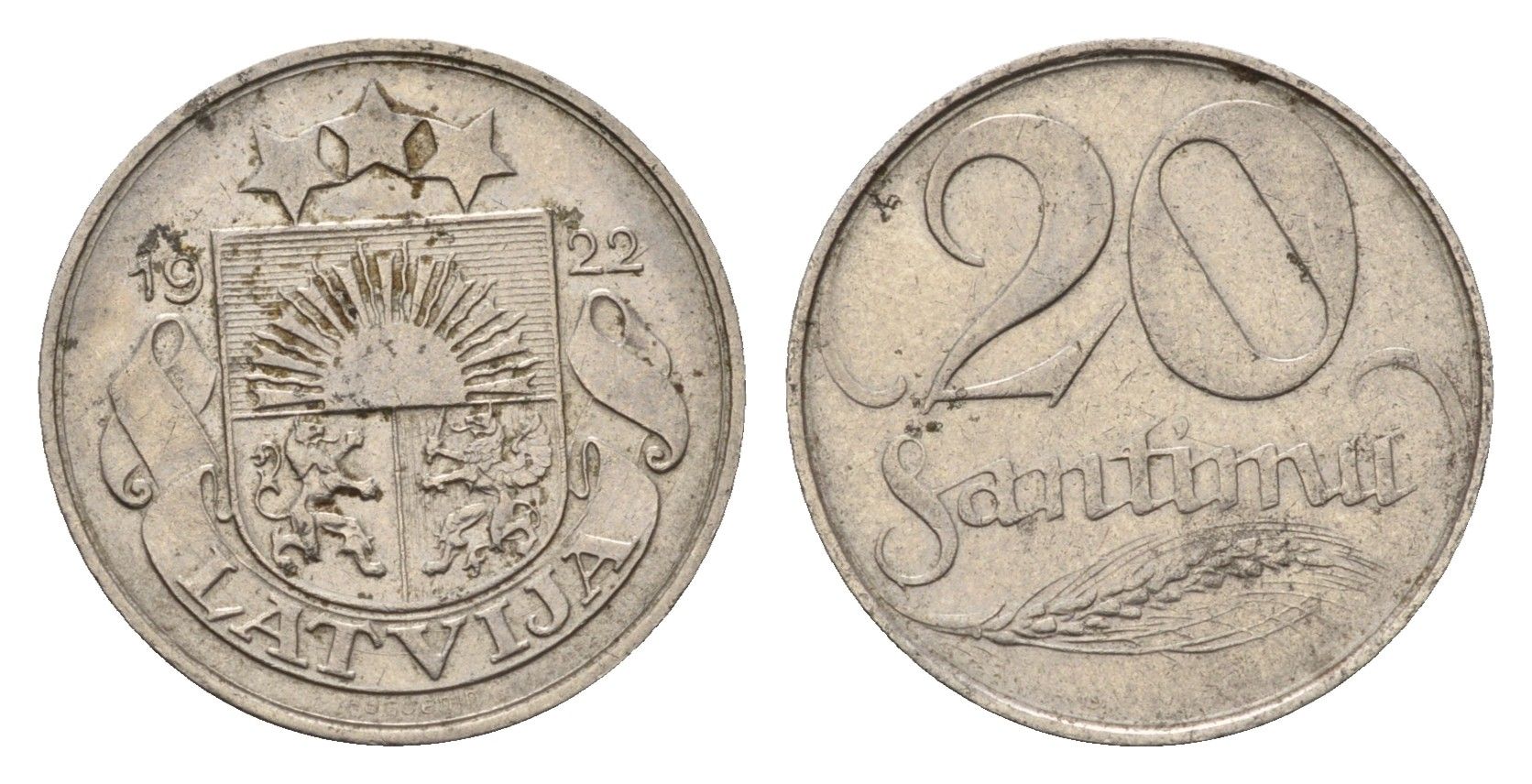 Латвия 20 сантимов 1922 год-тип KM 5 никель 4655-831