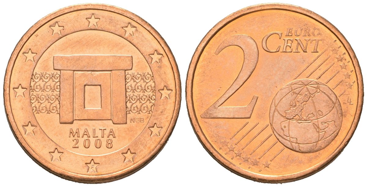 Мальта 2 евроцента 2008 F KM 126 сталь плакированная медью UNC 4548-535