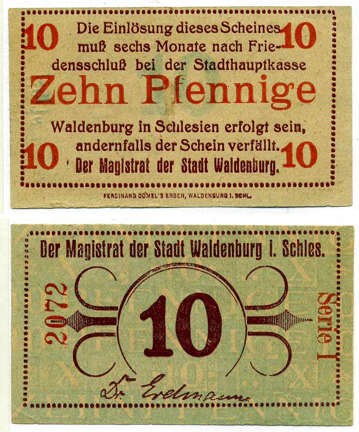 ВАЛЬДЕНБУРГ 10 ПФЕННИГОВ 1918 6 МЕСЯЦЕВ ПОСЛЕ МИРА, НОТГЕЛЬД, ЗЕМЛЯ СИЛЕЗИЯ, СЕРИЯ 1 Grabowski W3.2 бумага 2193-18-1-1