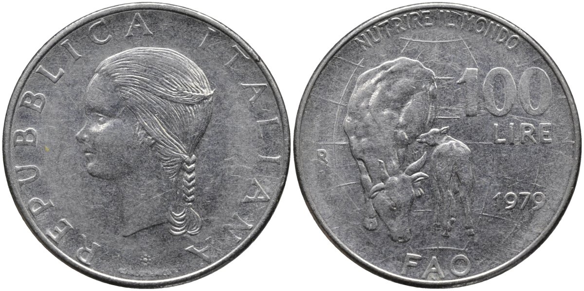 Италия 100 лир 1979 R, FAO, корова с теленком KM 106 нержавеющая сталь 4165-111