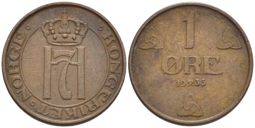 НОРВЕГИЯ 1 ЭРЕ 1935 ХОКОН VII (1905-1957) KM 367 бронза 116-1056