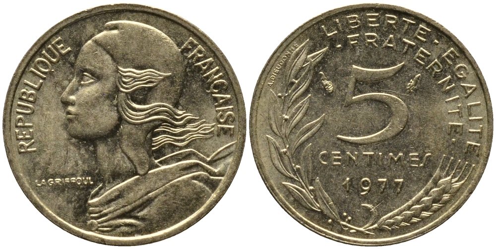 ФРАНЦИЯ 5 САНТИМОВ 1977 ТИП MARIANNE KM 933 медь алюминий никель 261-649