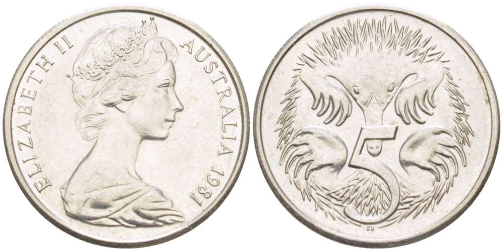 Австралия 5 центов 1981 Елизавета II (1952-2022), ехидна KM 64 медно-никель 4516-663