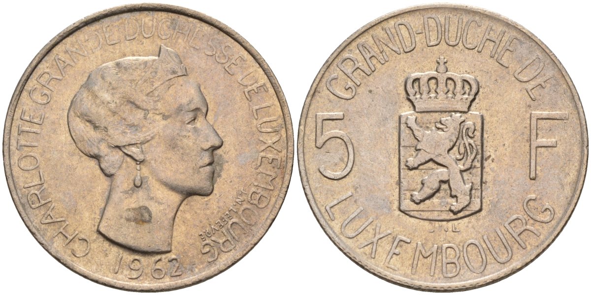 Люксембург 5 франков 1962 Великая герцогиня Шарлотта (1919-1964) KM 51 медно-никель 4143-1244