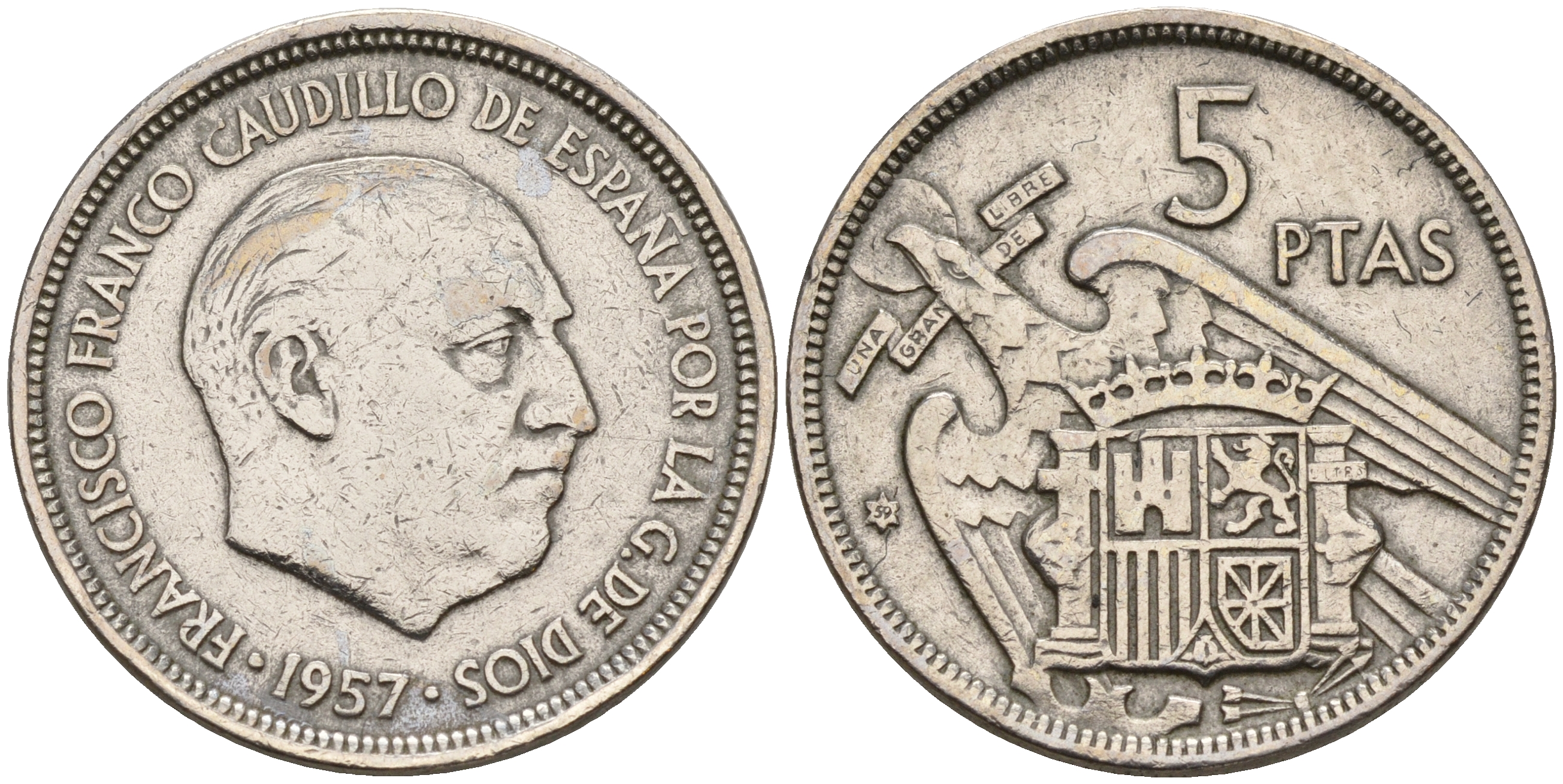 Испания 5 песет 1957 (59) Франсиско Франко (1939-1975) KM 786 медно-никель    4153-213