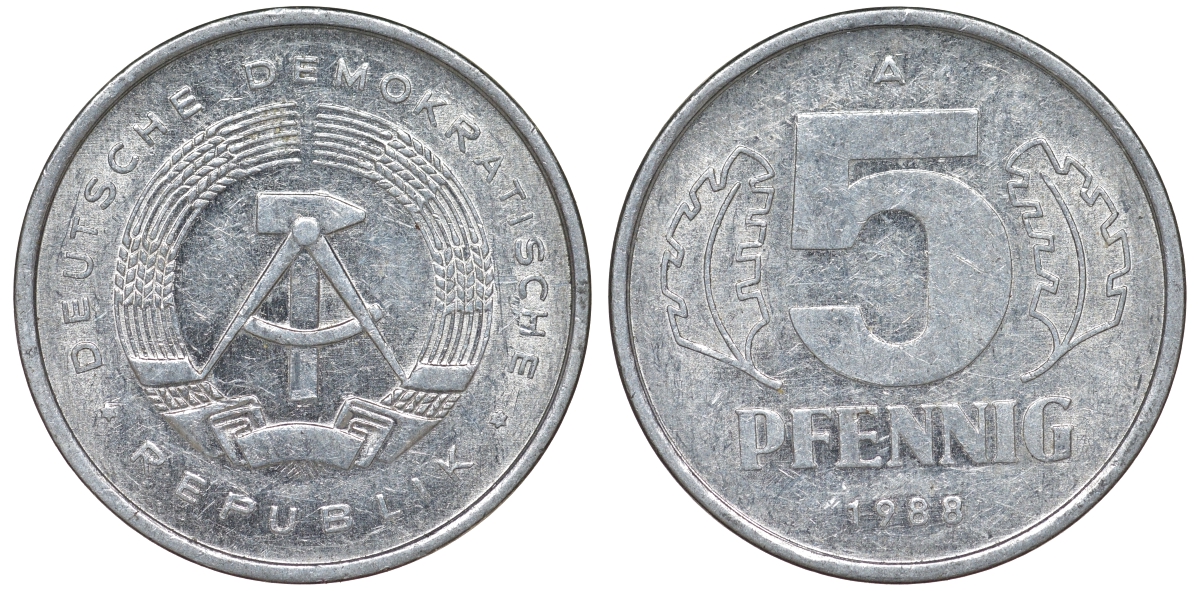 ГДР 5 ПФЕННИГОВ 1988 А алюминий 62-543