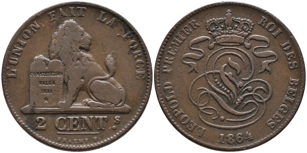 БЕЛЬГИЯ 2 САНТИМА 1864 BELGES KM 4.2 медь 95-636