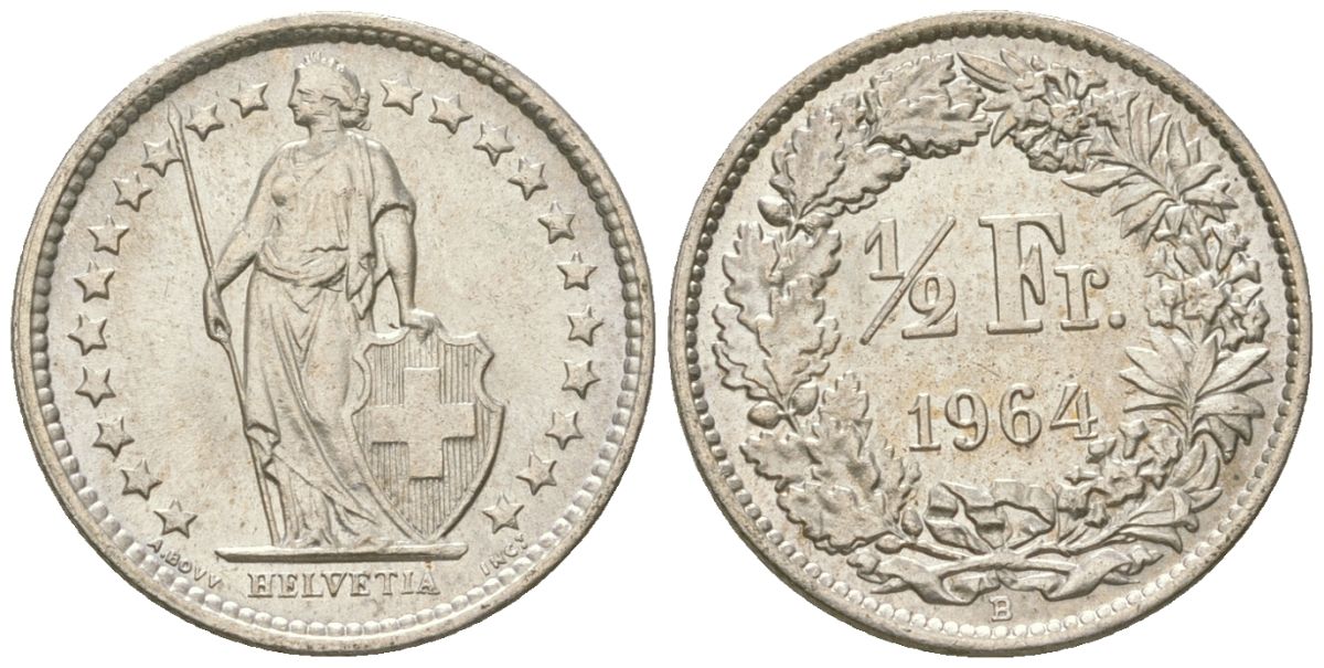 Швейцария 1/2 франка 1964 B KM 23 серебро UNC 4615-1016