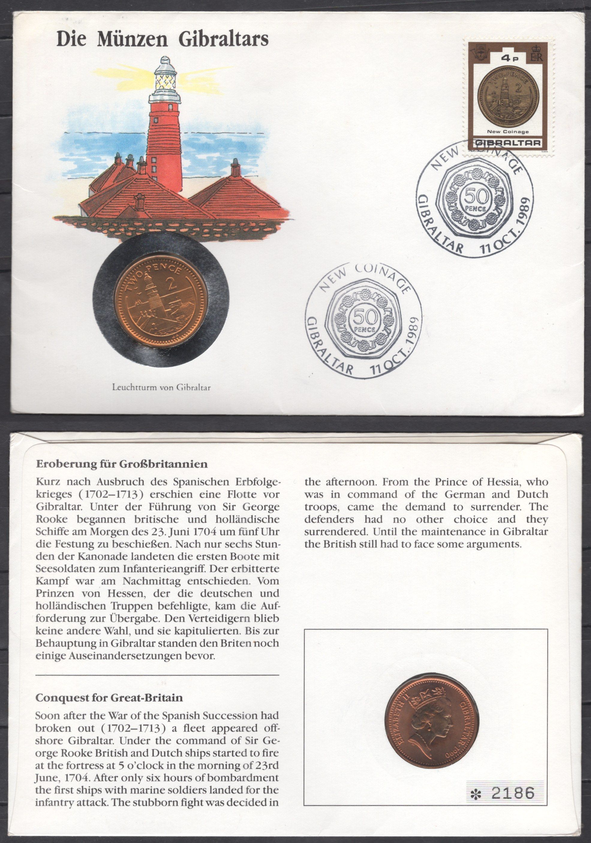 Гибралтар 2 пенса 1990 в конверте с маркой (КПД - Конверт первого дня Гашения) KM 21 бронза UNC 9001-81
