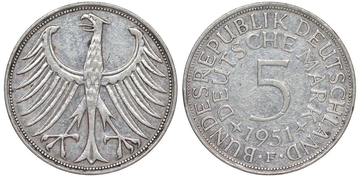 ФРГ 5 марок 1951 F, KM 112.1, J.387 серебро 4178-842