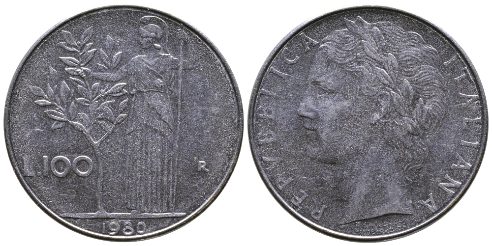 ИТАЛИЯ 100 ЛИР 1980 R, АФИНА KM 96.1 сталь 3333-846