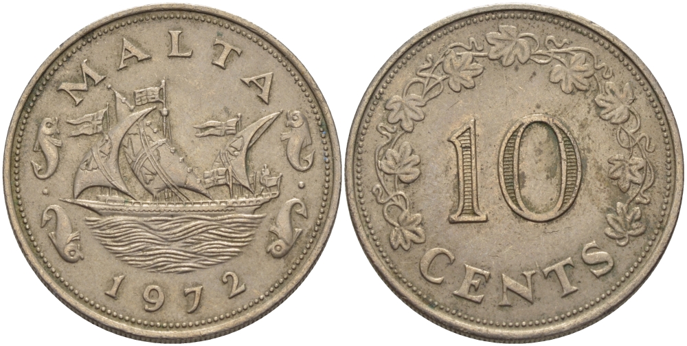 Мальта 10 центов 1972 баржа Великого магистра KM 11 медно-никель 82-542