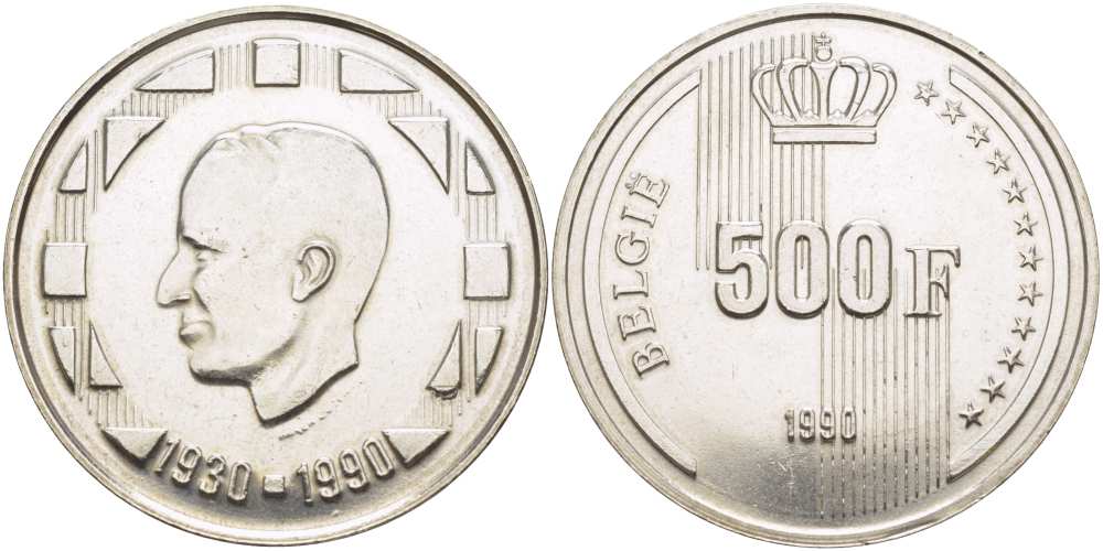 Бельгия 500 франков 1990 Belgie, 60 лет королю Бодуэну I KM 178 серебро 1519-125