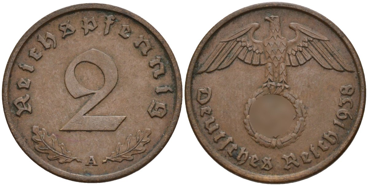 Германия 2 рейхспфеннига 1938 A KM 90, J. 362 бронза 4147-1258